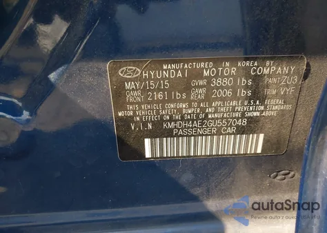 2016 Hyundai Elantra Se from USA, damaged, VIN KMHDH4AE2GU557048